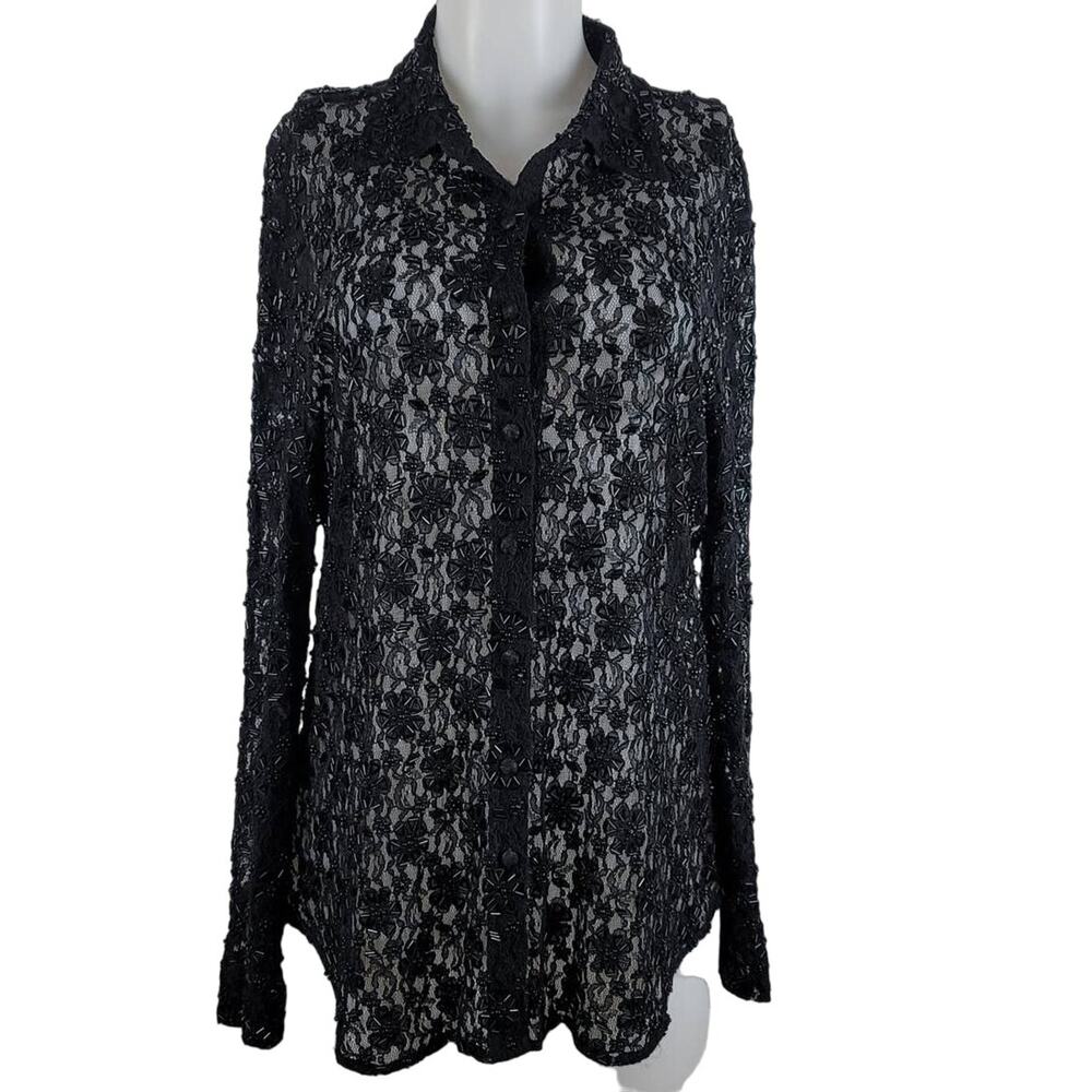 Chico's Design Semi Sheer Lace Beaded Blouse Women 3-L